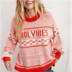 Aerie Fairisle Red/Orange & White Cozy Winter Holiday Sweater Cool Vibes XL